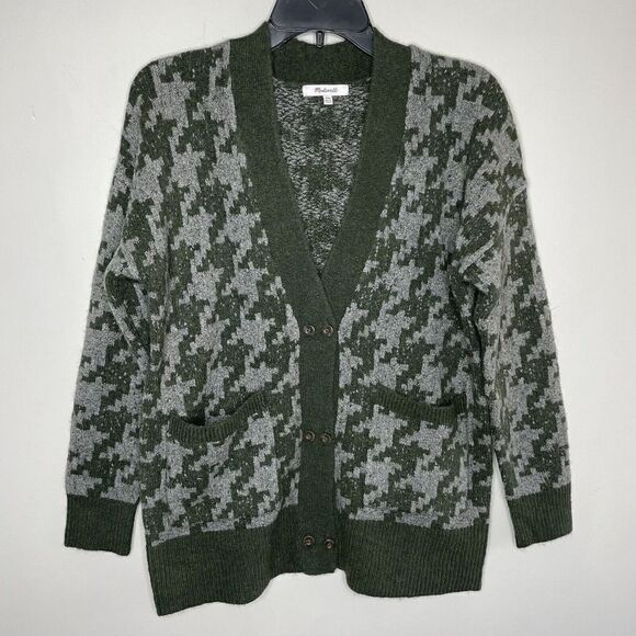 MADEWELL Sweater Womens XXS Green Houndstooth Cardigan Wool Alpaca Blend NC661 - Picture 1 of 12